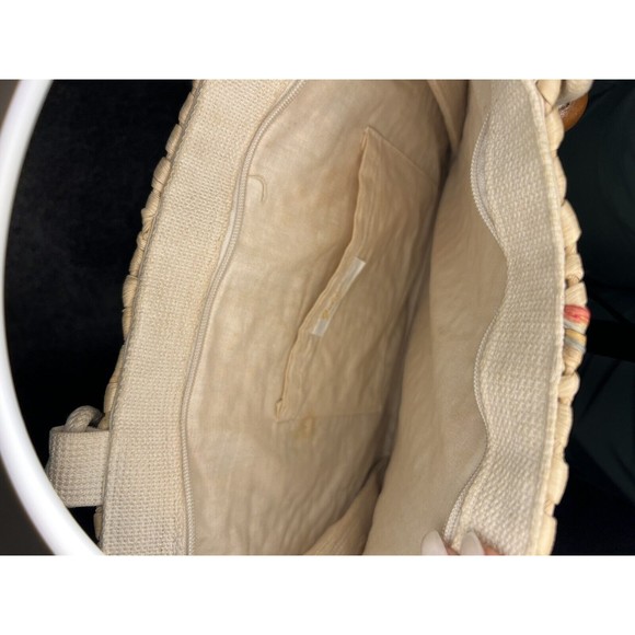 VTG Medium Size Beige Woven Straw Wood Bead Braided Rope Handle Tote Handbag - Picture 7 of 9